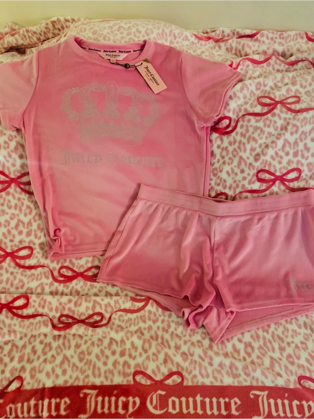 Loungewear Juicy Couture Pink Velour Bling Tee & Shorts Matching Set Pink  SZL